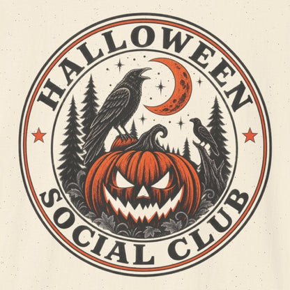 An off-white short-sleeve t-shirt with a circular graphic on the chest reading 'HALLOWEEN SOCIAL CLUB' around a jack-o'-lantern, raven, and crescent moon design, shown on a plain white background.