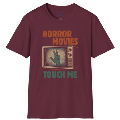 Maroon t-shirt with graphic design of a vintage television set and text 'Horror Movies Touch Me' on a white background