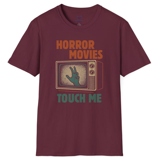 Maroon t-shirt with graphic design of a vintage television set and text 'Horror Movies Touch Me' on a white background