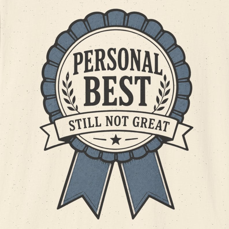 An off-white short-sleeve crewneck t-shirt featuring a blue and gray graphic badge on the front with the text 'PERSONAL BEST STILL NOT GREAT'.