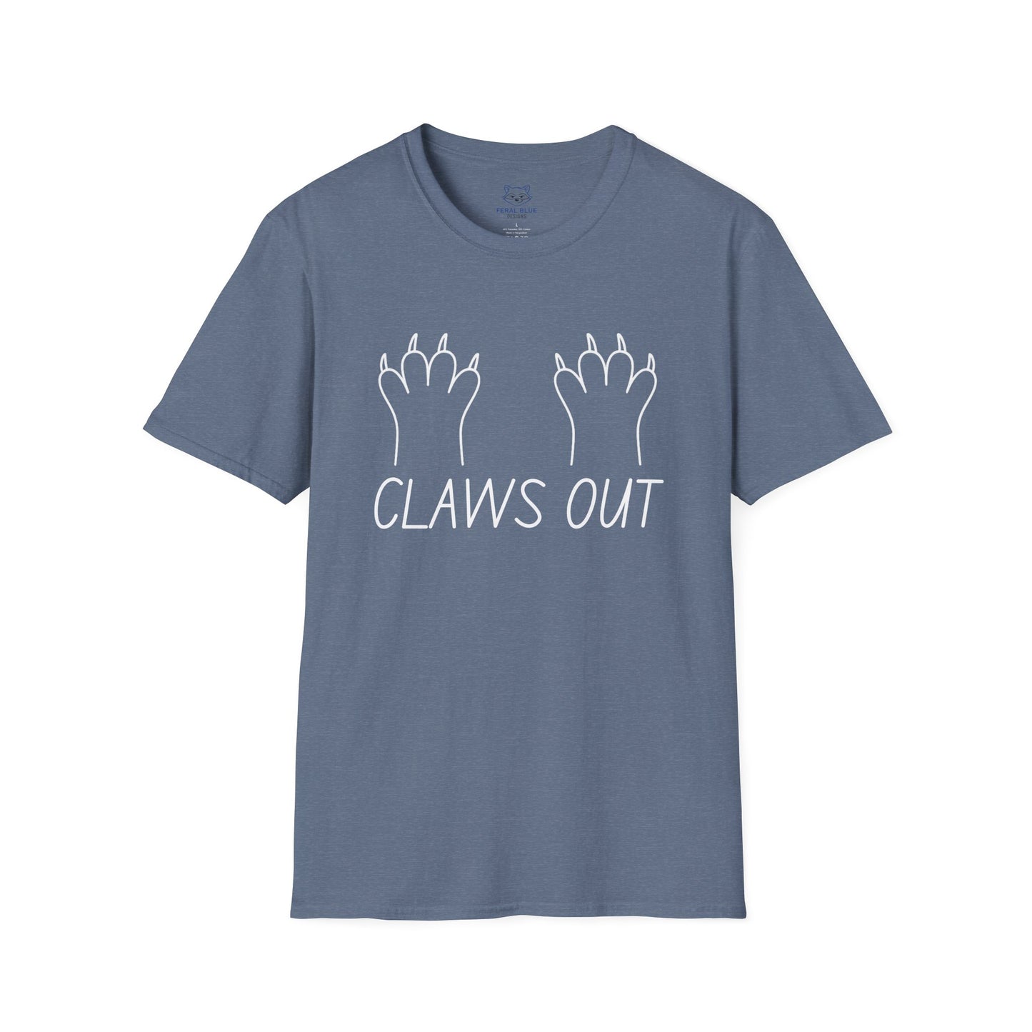 Blue t-shirt with white text "Claws out" and white line graphic of animal paws.