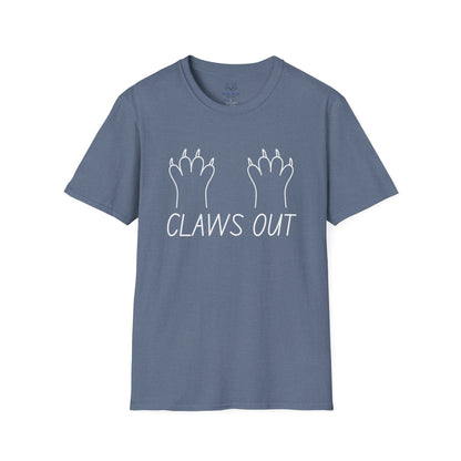 Blue t-shirt with white text "Claws out" and white line graphic of animal paws.
