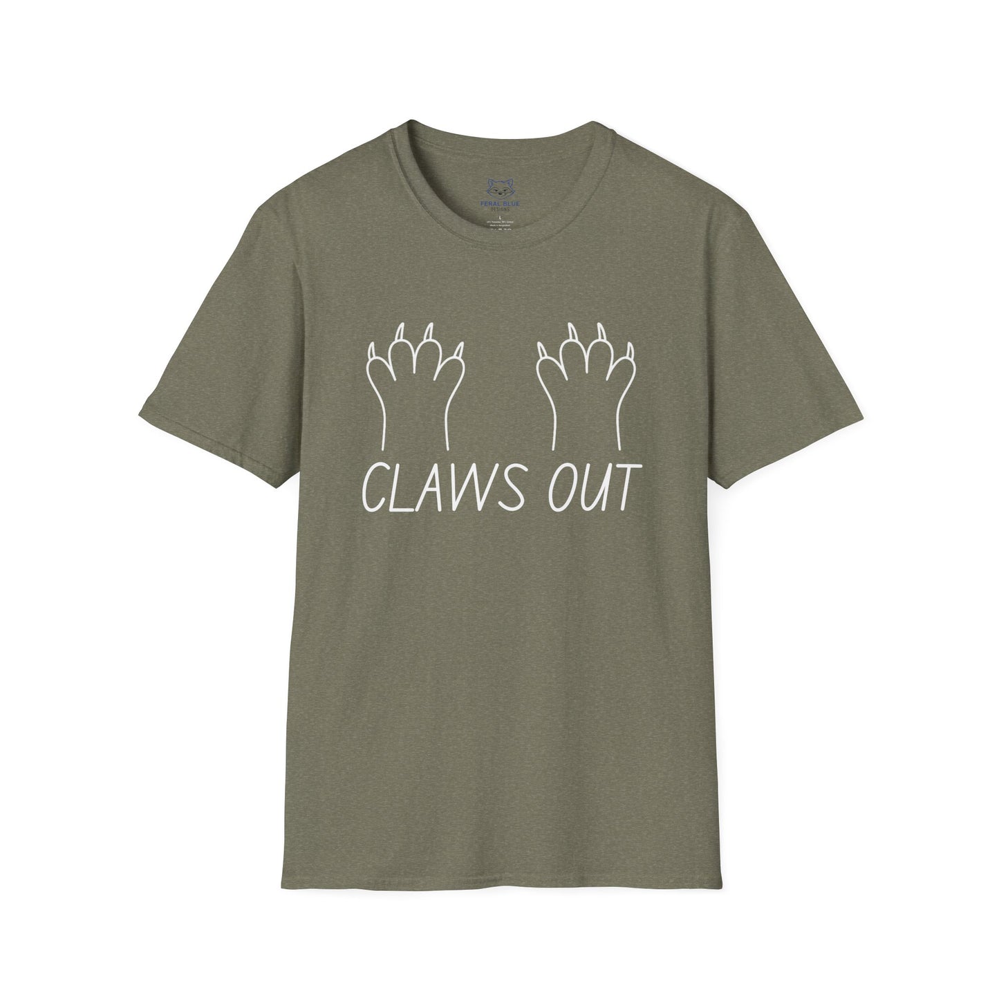 Green t-shirt with white text "Claws out" and white line graphic of animal paws.