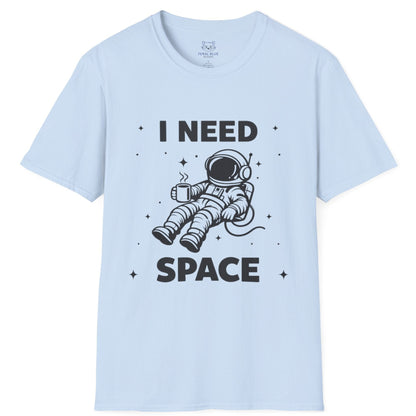 Light blue t-shirt with an astronaut graphic and 'I Need Space' black text on a white background