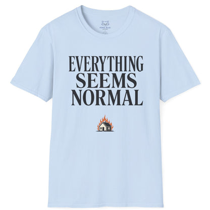Light blue t-shirt with 'EVERYTHING SEEMS NORMAL' text and a small graphic on a white background