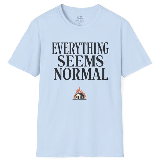 Light blue t-shirt with 'EVERYTHING SEEMS NORMAL' text and a small graphic on a white background