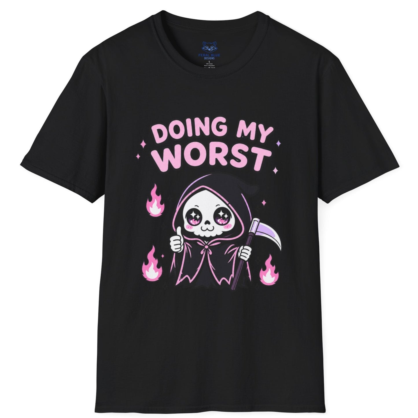 Black t-shirt with a cartoon grim reaper design and 'Doing My Worst' text on a white background
