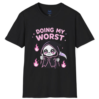 Black t-shirt with a cartoon grim reaper design and 'Doing My Worst' text on a white background