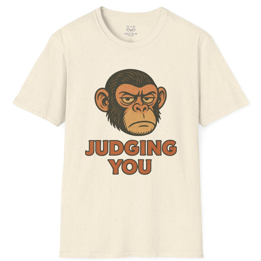 Cream t-shirt with a chimp graphic and 'Judging You' text.