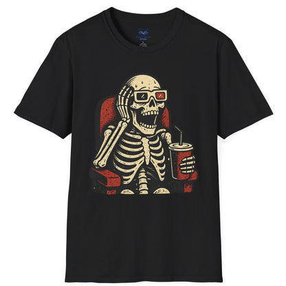 Black t-shirt with a skeleton design wearing 3-d glasses, sitting in a theater seat, and holding a drink