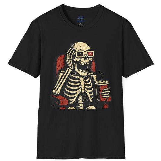 Black t-shirt with a skeleton design wearing 3-d glasses, sitting in a theater seat, and holding a drink