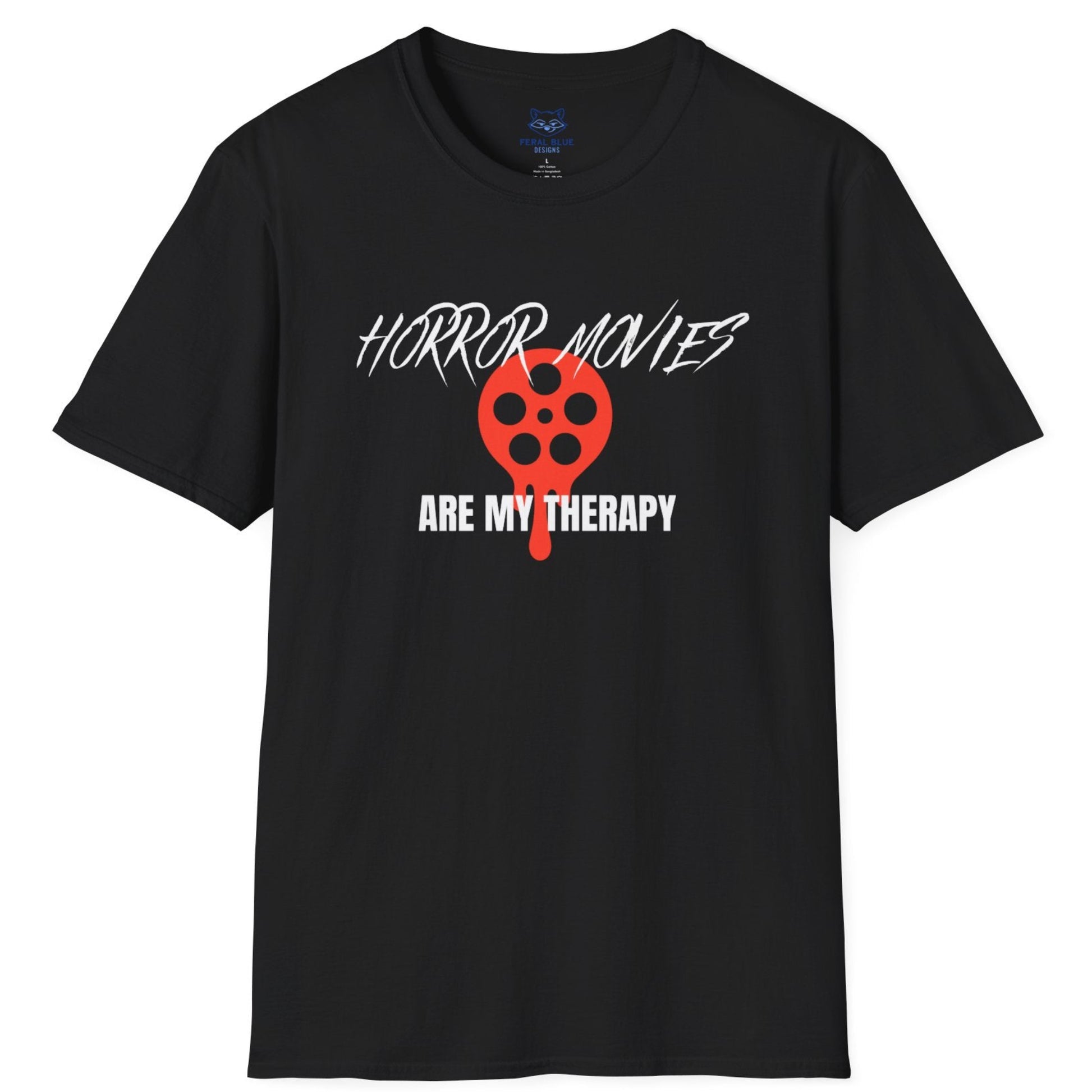 Black t-shirt with 'horror movies are my therapy' white text and red, dripping film reel graphic.