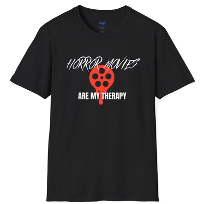 Black t-shirt with 'horror movies are my therapy' white text and red, dripping film reel graphic.