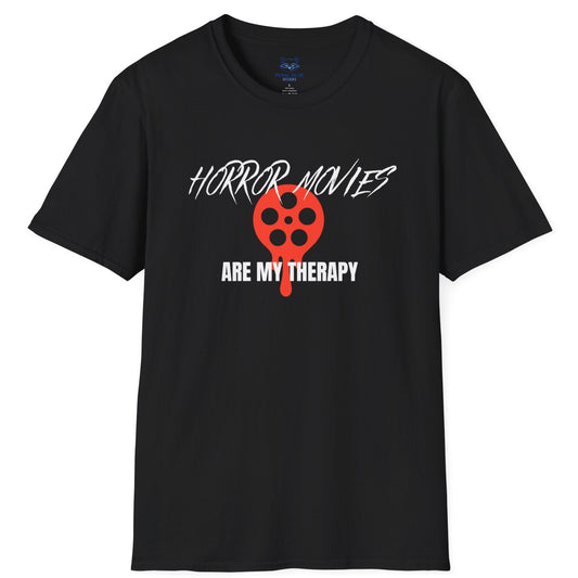 Black t-shirt with 'horror movies are my therapy' white text and red, dripping film reel graphic.