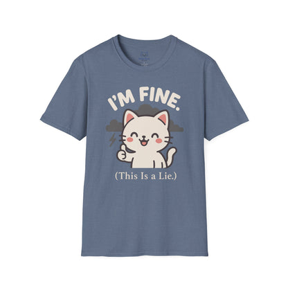 Blue-gray t-shirt with a Kawaii cat and gray storm clouds graphic and "I'm Fine (This is a lie)" text