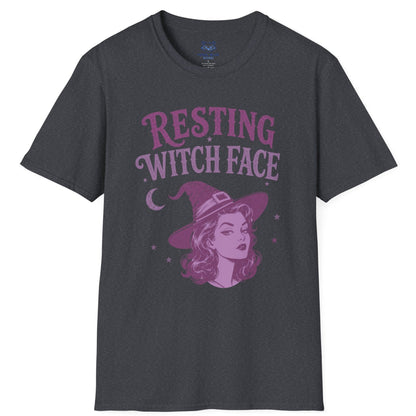 Gray t-shirt with purple 'Resting Witch Face' graphic on a white background