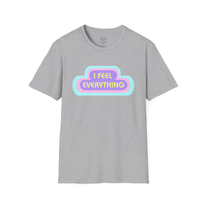 Gray t-shirt with 'I Feel Everything' text and pastel rings radiating from the text.