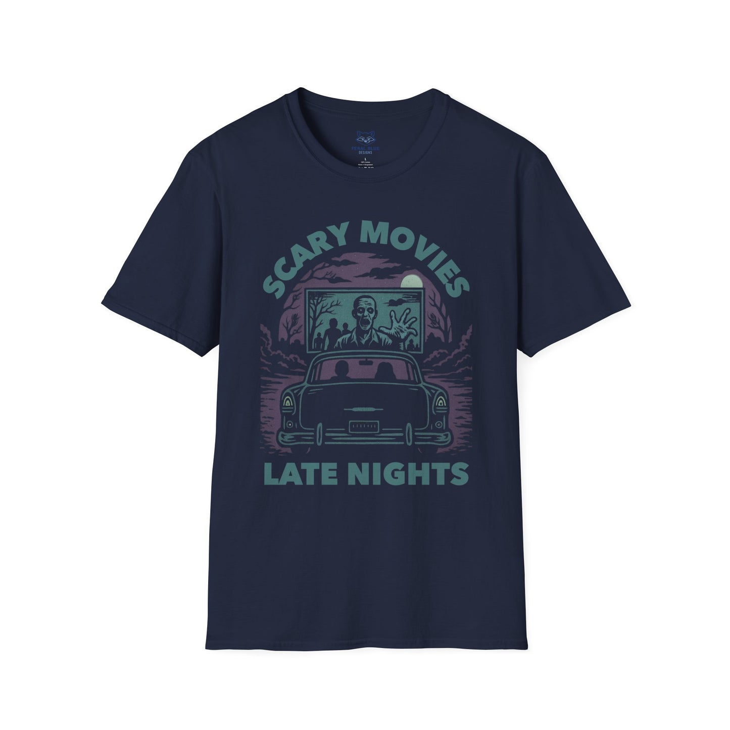 Navy t-shirt with a muted teal and purple spooky drive-in graphic and "Scary Movies, Late Night" text.