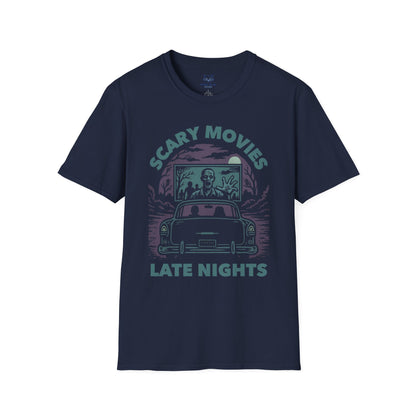 Navy t-shirt with a muted teal and purple spooky drive-in graphic and "Scary Movies, Late Night" text.