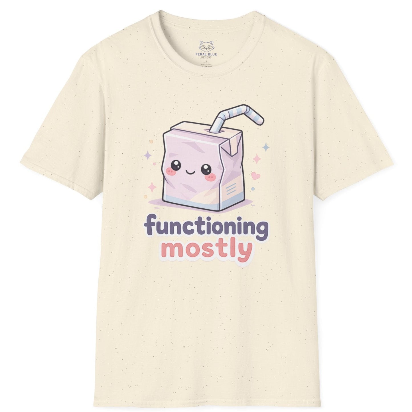 Beige t-shirt with a cartoon milk carton design and text 'functioning mostly' on a white background
