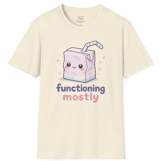 Beige t-shirt with a cartoon milk carton design and text 'functioning mostly' on a white background