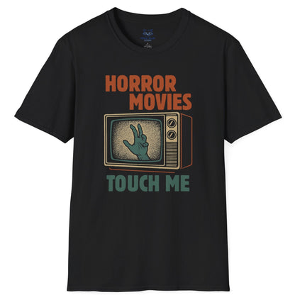 Black t-shirt with a graphic of a vintage television set and text 'Horror Movies Touch Me' on a white background.