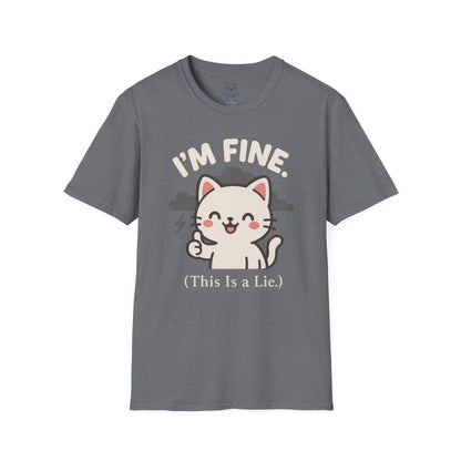 Gray t-shirt with a Kawaii cat and gray storm clouds graphic and "I'm Fine (This is a lie)" text