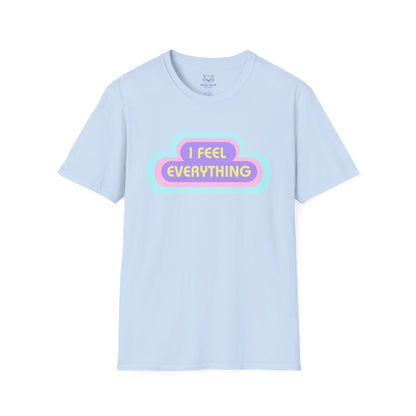 Light blue t-shirt with 'I Feel Everything' text and pastel rings radiating from the text.