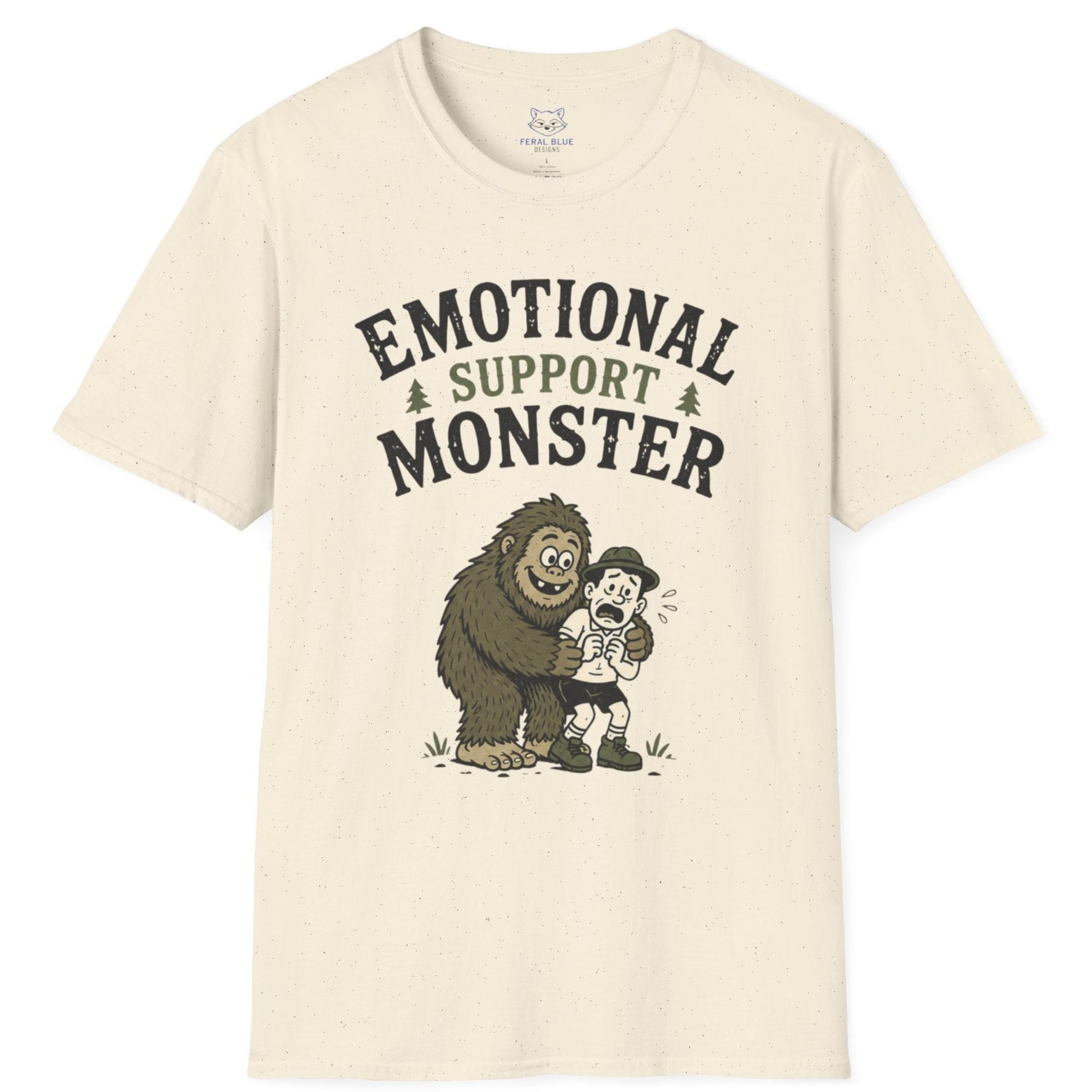Beige t-shirt with 'Emotional Support Monster' graphic and text on a white background