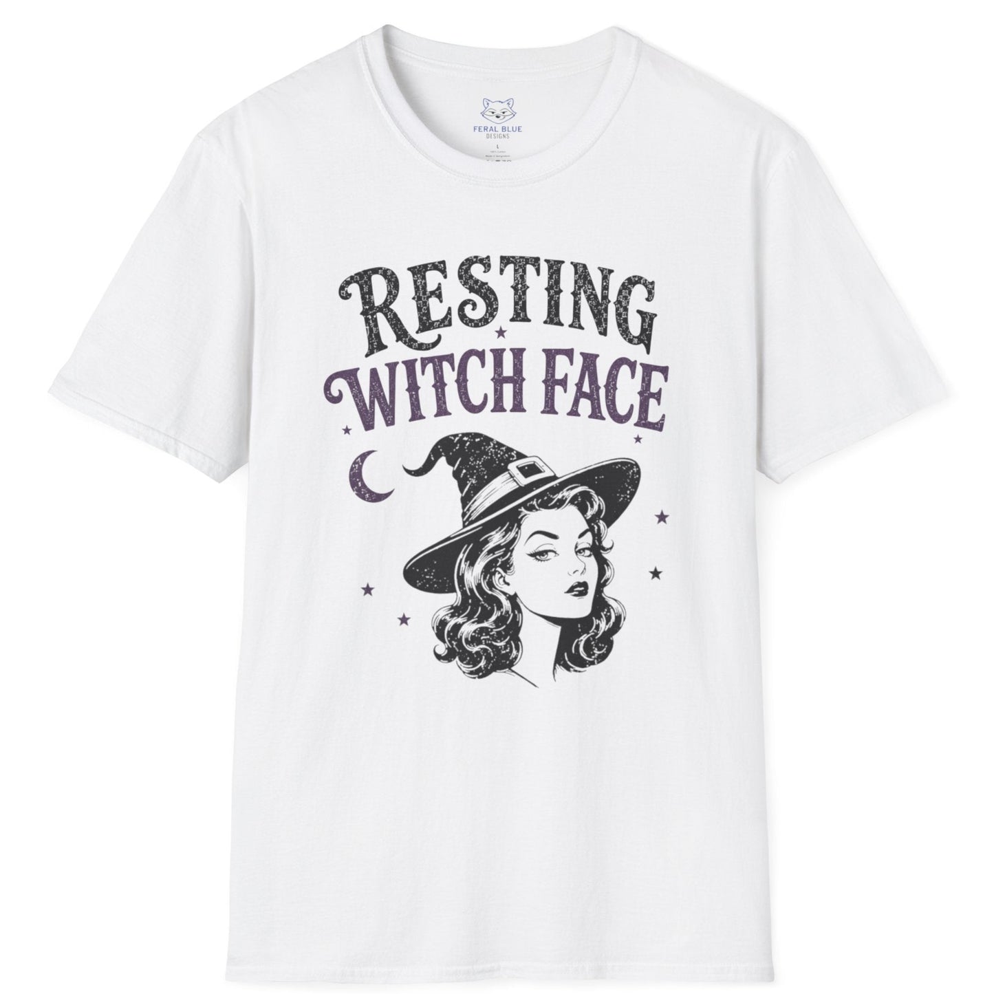 White t-shirt with 'Resting Witch Face' graphic design on a white background