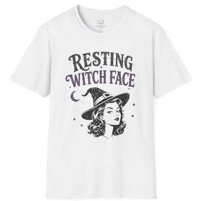 White t-shirt with 'Resting Witch Face' graphic design on a white background