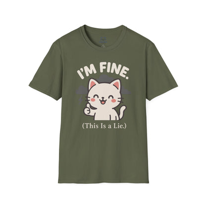 Green t-shirt with a Kawaii cat and almost hidden gray storm clouds graphic and "I'm Fine (This is a lie)" text