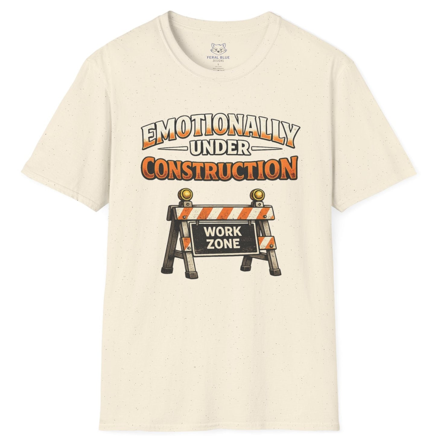 Beige t-shirt with 'Emotionally Under Construction' graphic and construction zone sign on a white background