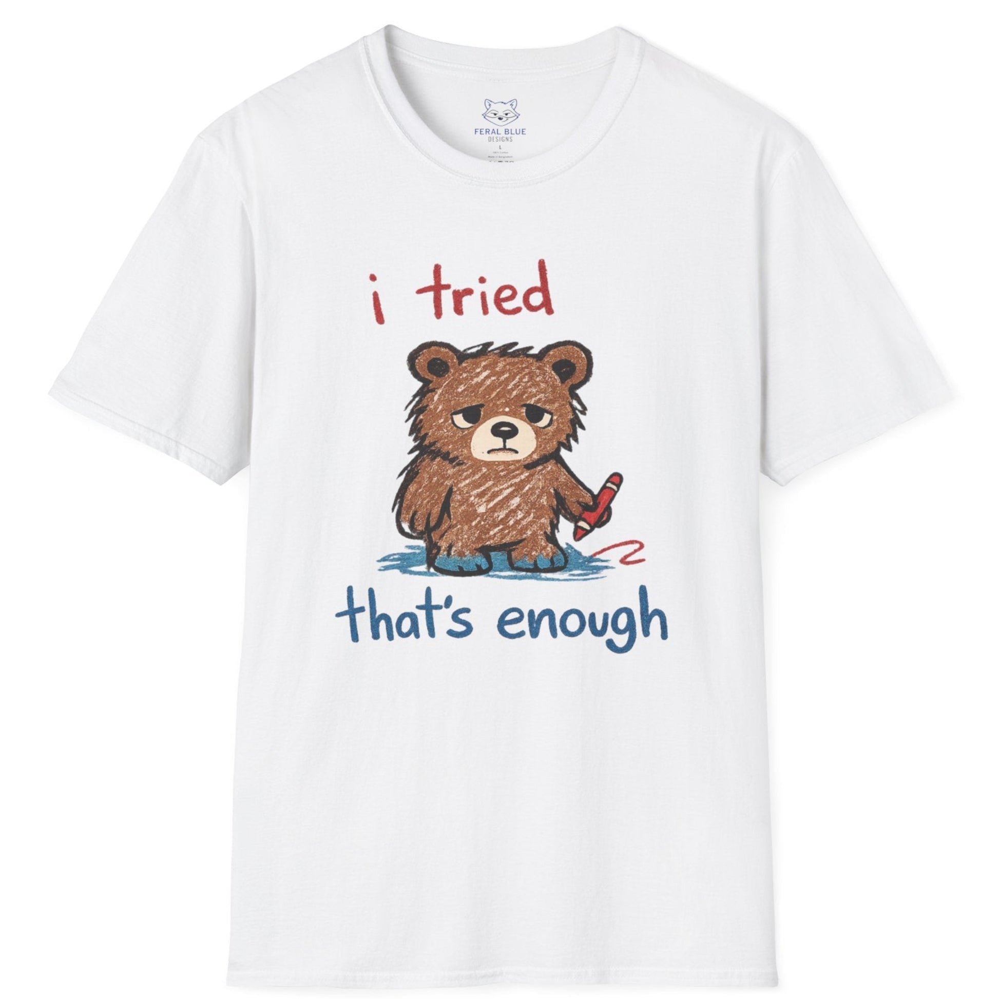 White t-shirt with a bear graphic and text on a white background