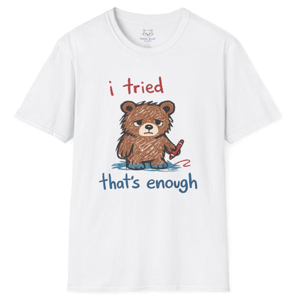 White t-shirt with a bear graphic and text on a white background