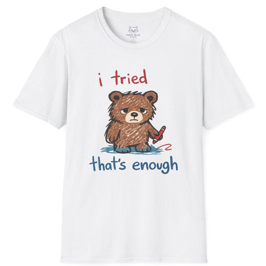 White t-shirt with a bear graphic and text on a white background