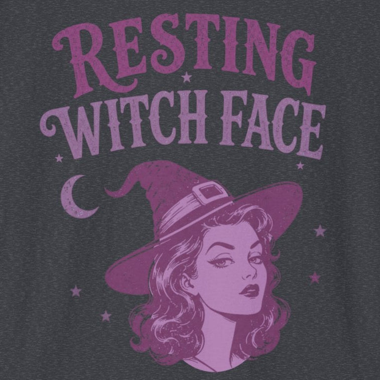 Gray t-shirt with purple 'Resting Witch Face' graphic on a white background