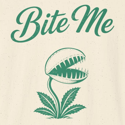 An off-white short-sleeve t-shirt with a green graphic print featuring the text 'Bite Me' above a stylized Venus flytrap illustration, shown on a plain white background.