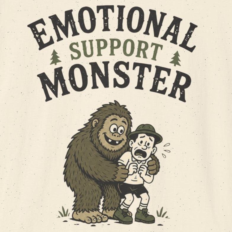 Beige t-shirt with 'Emotional Support Monster' graphic