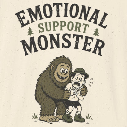 Beige t-shirt with 'Emotional Support Monster' graphic