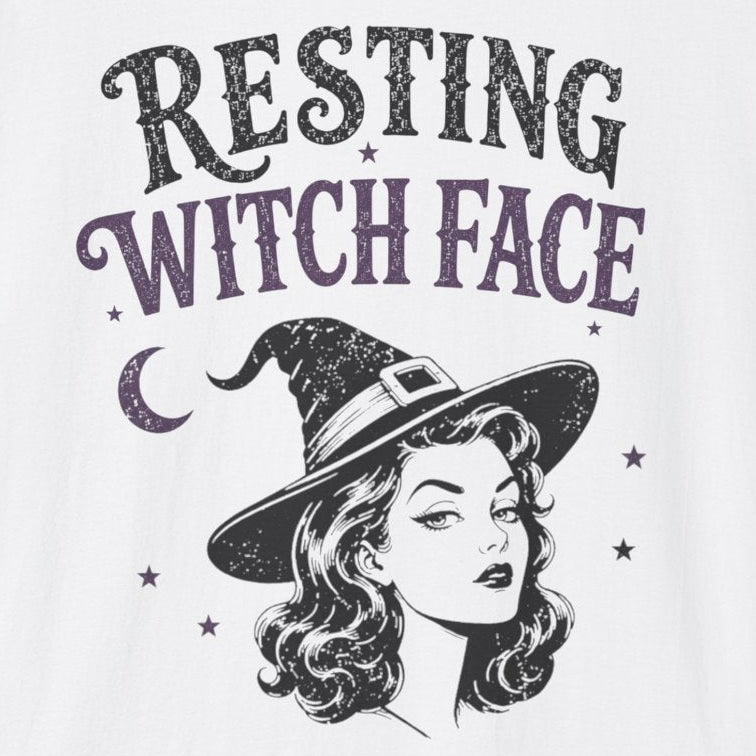 White t-shirt with 'Resting Witch Face' graphic design on a white background