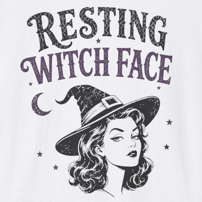 White t-shirt with 'Resting Witch Face' graphic design on a white background