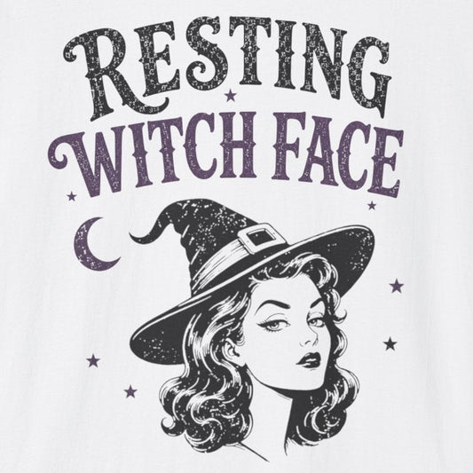 White t-shirt with 'Resting Witch Face' graphic design on a white background