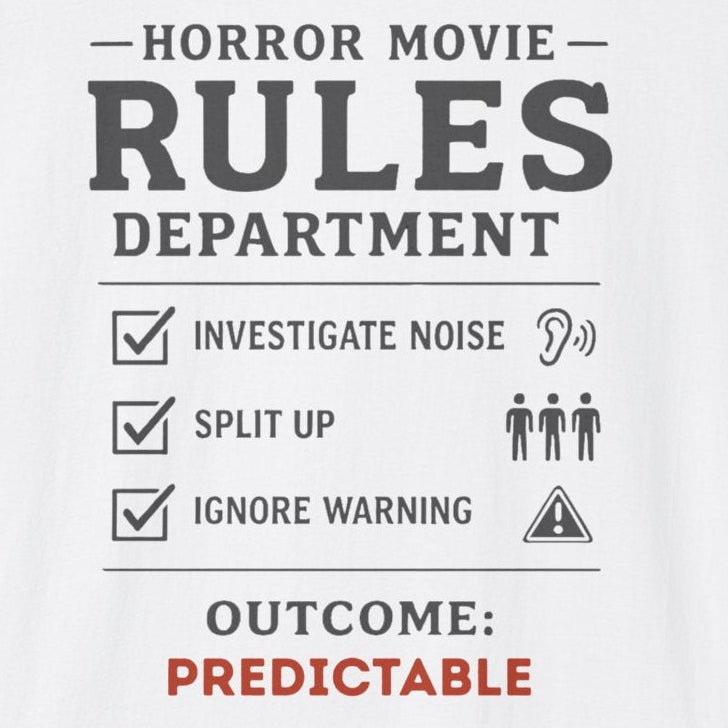 White t-shirt with text 'Horror Movie Rules Department' on a white background