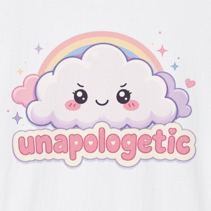 White t-shirt with a cloud and rainbow graphic and 'unapologetic' text on a white background