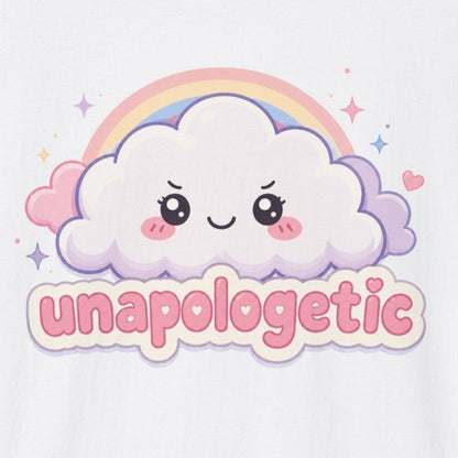 White t-shirt with a cloud and rainbow graphic and 'unapologetic' text on a white background