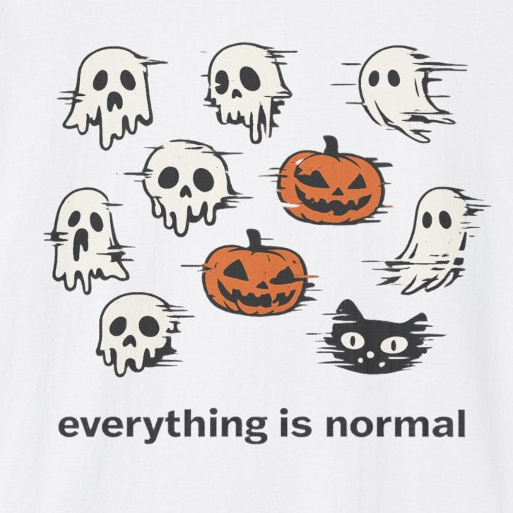 White t-shirt with Halloween-themed graphics and text 'everything is normal' on a white background