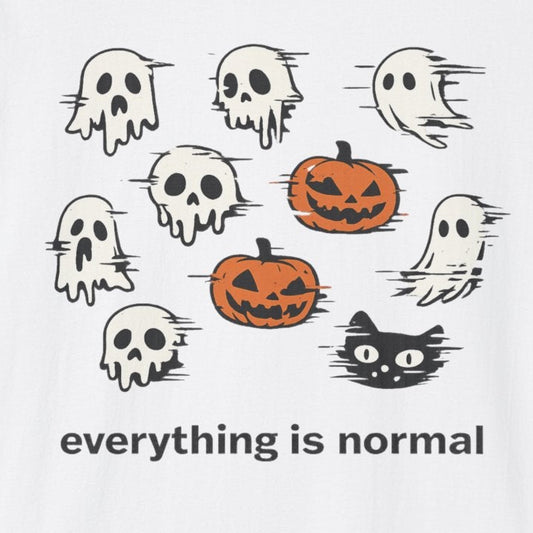 White t-shirt with Halloween-themed graphics and text 'everything is normal' on a white background